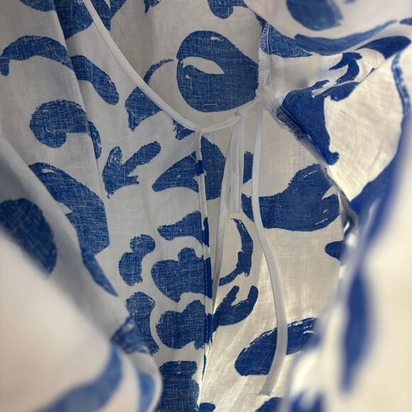Zara White & Blue Tropical Floral Pattern Long Sleeve Mini Linen Wrap Dress Med - Picture 8 of 9